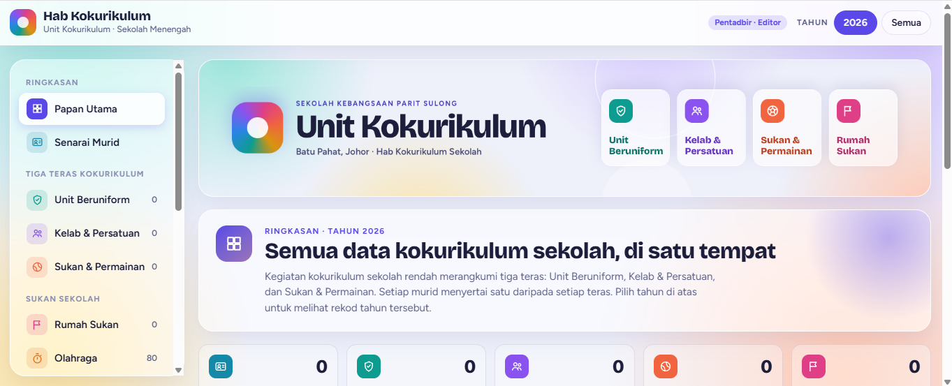 Paparan sebenar papan utama Hab Kokurikulum dengan modul unit beruniform, kelab, sukan dan rumah sukan