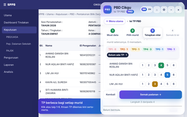 Paparan sebenar extension PBD Guru dalam proses menetapkan tahap penguasaan murid